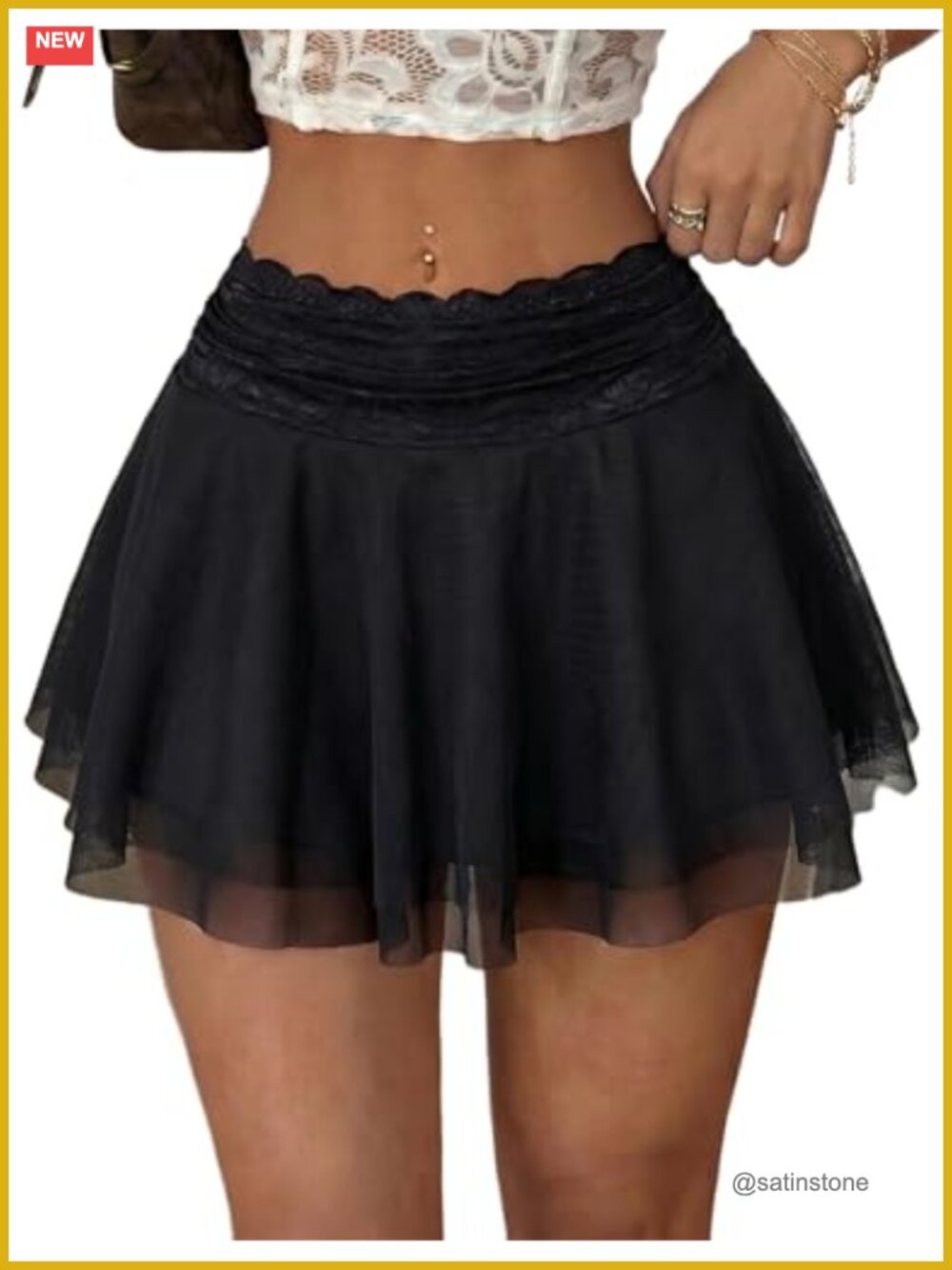 Pleated Mini Skirt Lace Mesh Layered Ruffled Short A-Line Flared